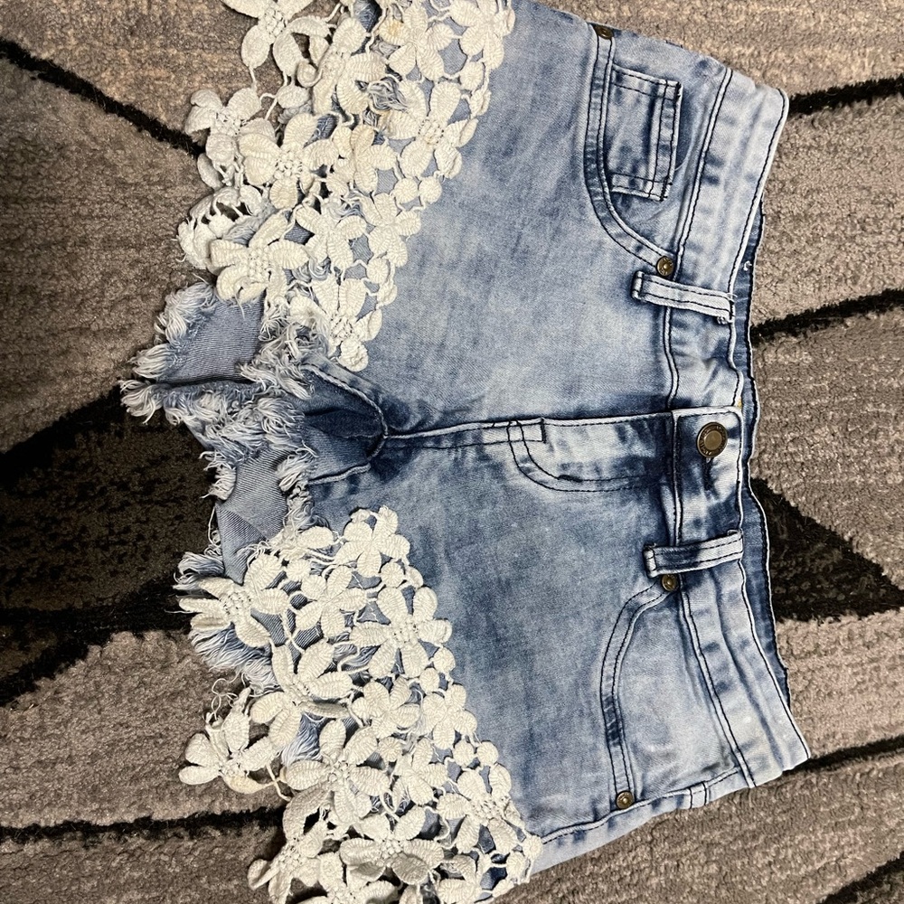Angel Blue Jean Shorts with White Lace Trim